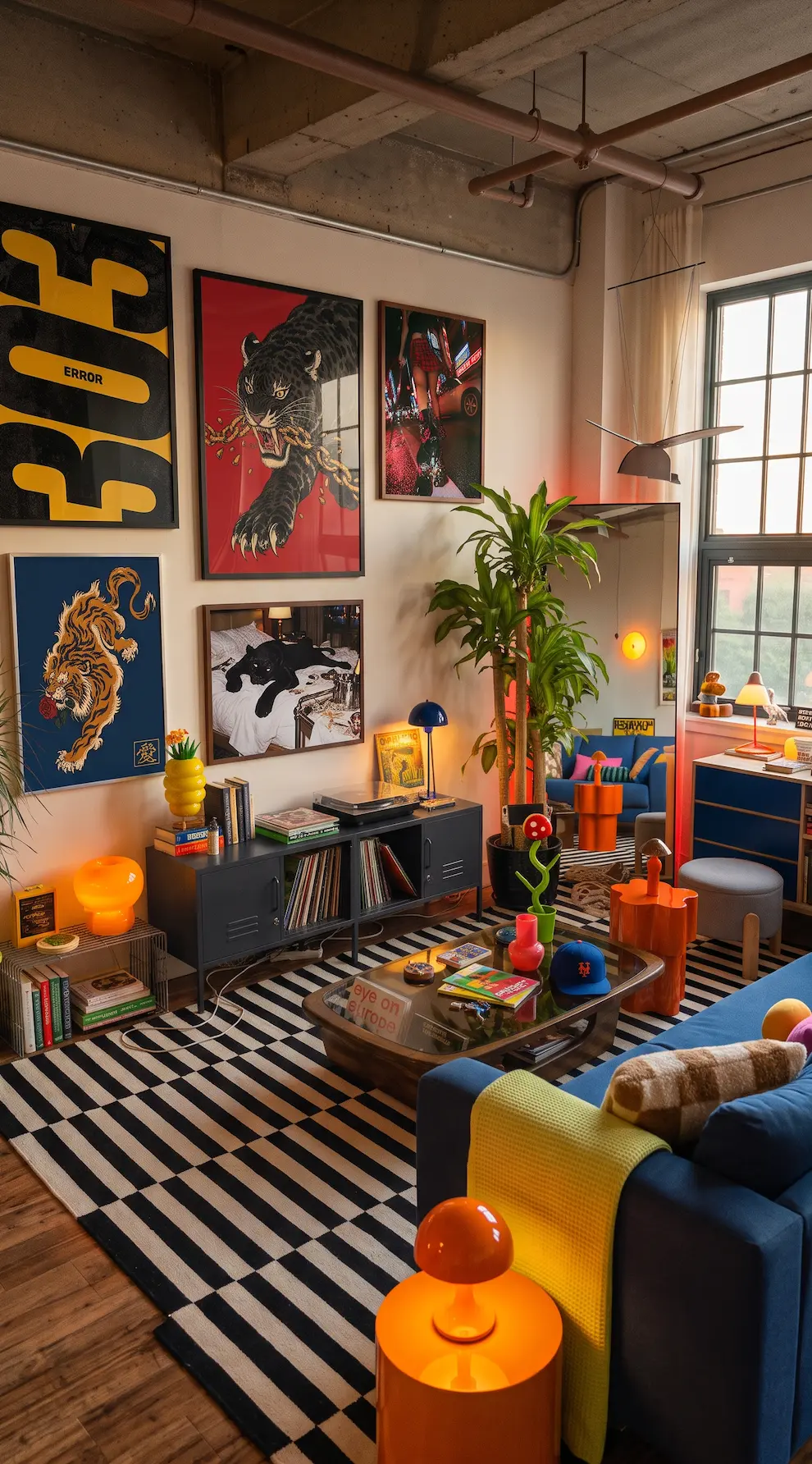 Colourful loft living room with a gallery wall of framed MUNDAY prints including Break the Chain above a record cabinet and blue sofa