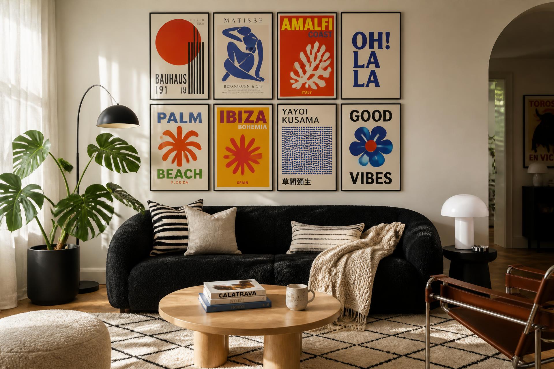Gallery wall of framed MUNDAY art prints above a black bouclé sofa in a styled sunlit living room